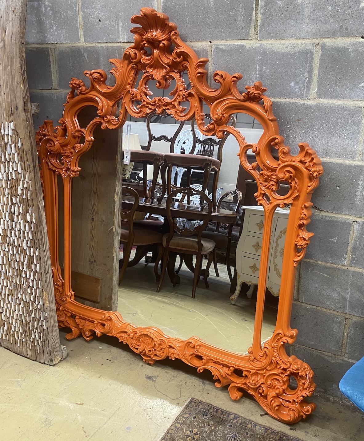 A Victorian style painted composition overmantel mirror, width 155cm, height 174cm